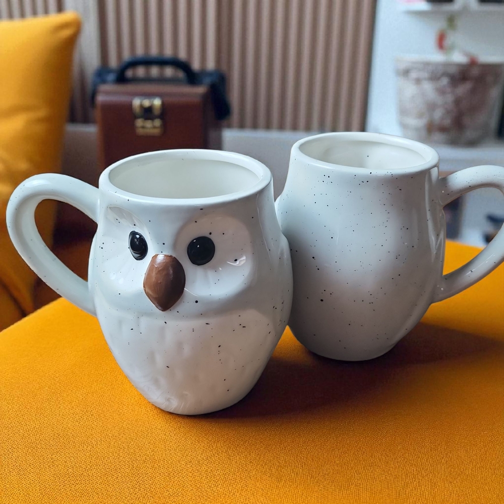 ECCOLO | Adorable‎ Speckled 3D Owl Ceramic Mugs Set of Two - Grey and Cream